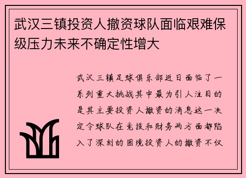 武汉三镇投资人撤资球队面临艰难保级压力未来不确定性增大 武汉三镇投资人撤资球队面临艰难保级压力未来不确定性增大